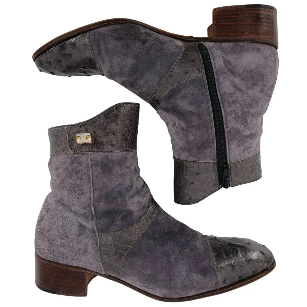 Vintage Mauri Exotic Ostrich and Suede Gray Dress Shoes Mens 8.5 Ankle Zip Boots - Picture 3 of 16